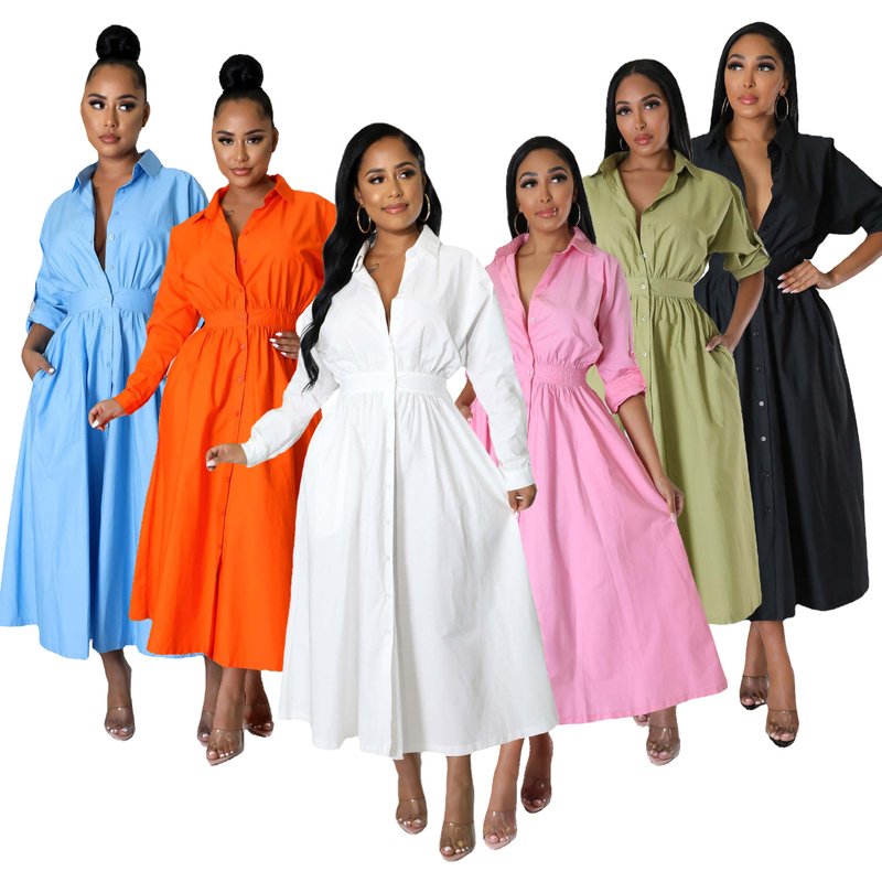 Women's Clothing Dress Fashion Slightly Elastic Shirt Dress Waist Loose Long Sleeve Long Skirt