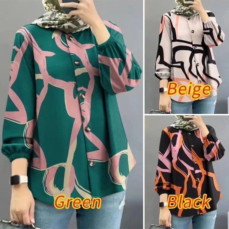 Women's Muslim Geometric Pattern Fashion Puff Sleeve Shirt