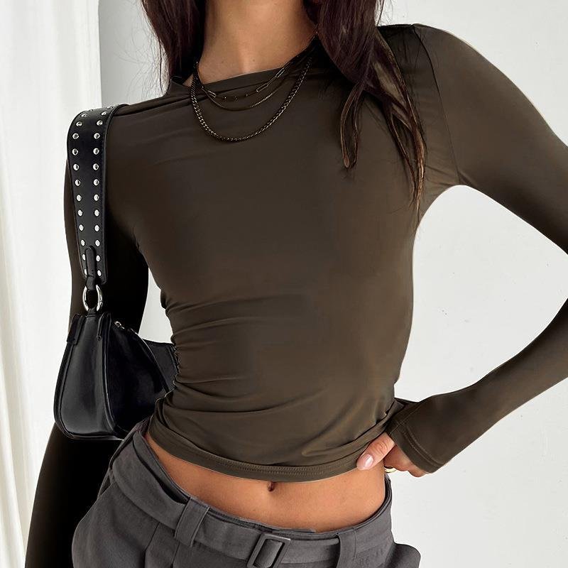 Women's Clothing Solid Color Round Neck Long Sleeve Basic T-shirt Tops