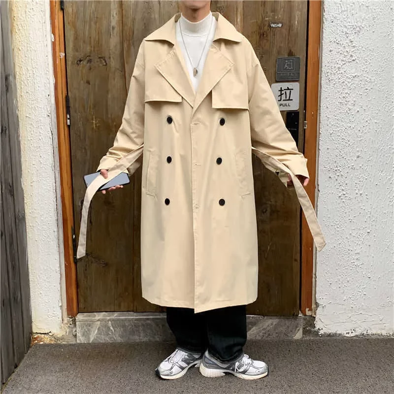 Men's Coats Grey Khaki Black Trench Fashion Casual Double Breasted Long Coat Men Korean Loose Windbreaker Jacket Mens