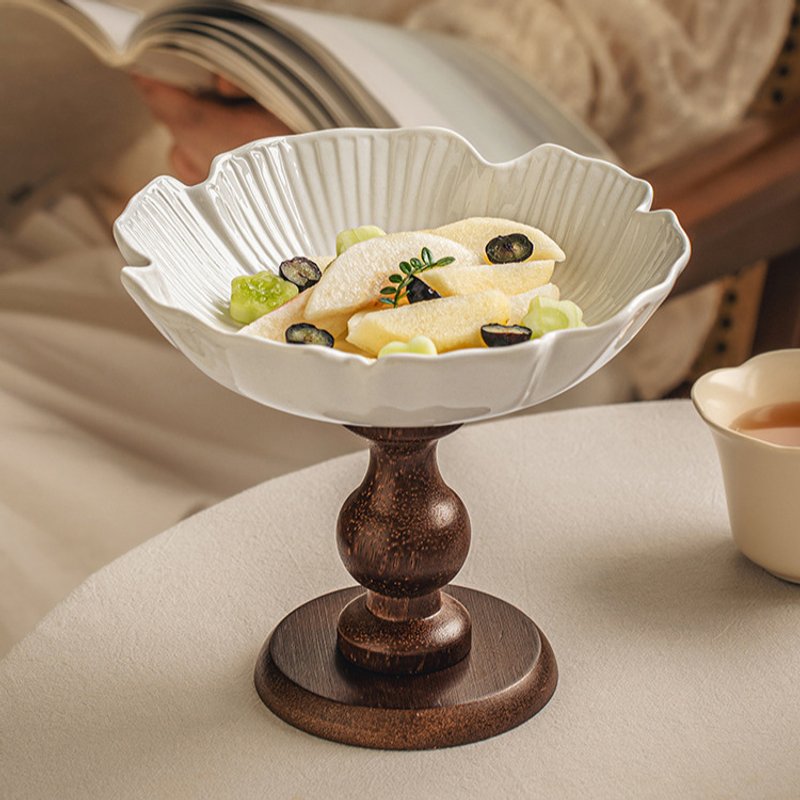 INS High-Legged French Retro Wooden Fruit Ceramic Snack Nut Plate Light Luxury Entryway Tray Ornament