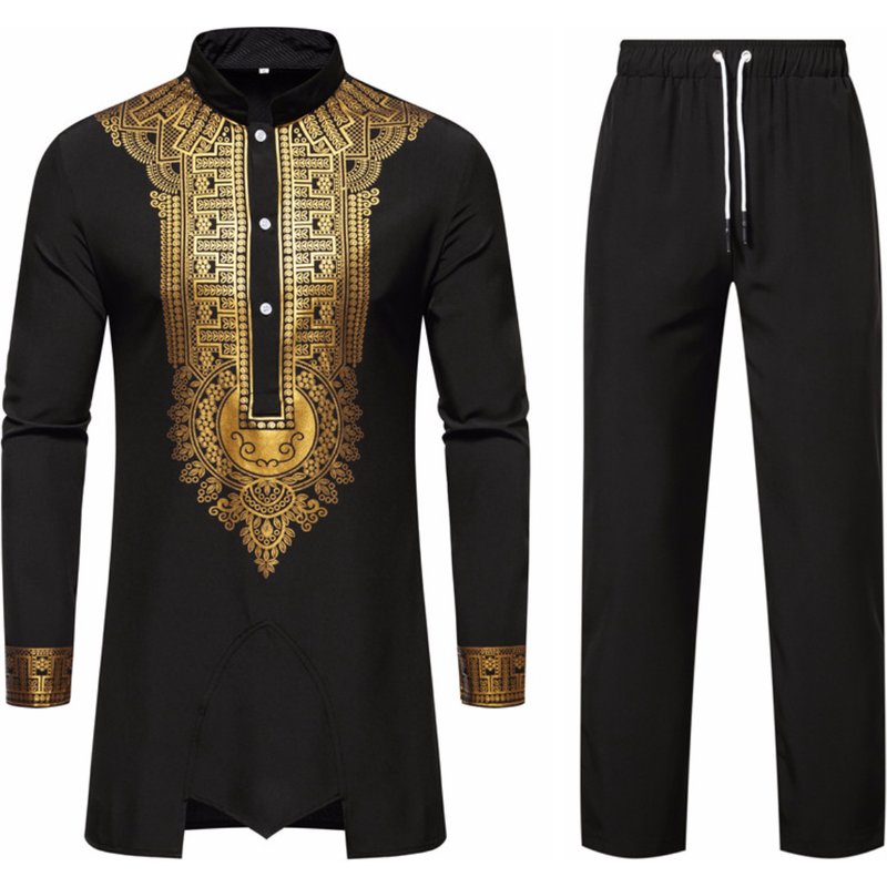 Men's shirt set stand collar hot gold printing long sleeve shirt trousers African style casual shirt