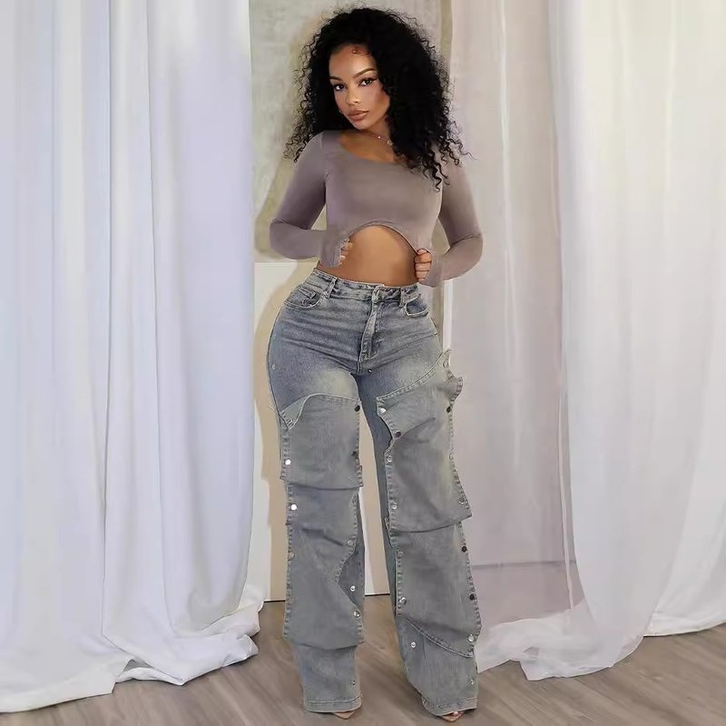 Women's Clothing Women's Straight Jeans Women's Autumn Street Fashion Detachable Button High Waist Pants