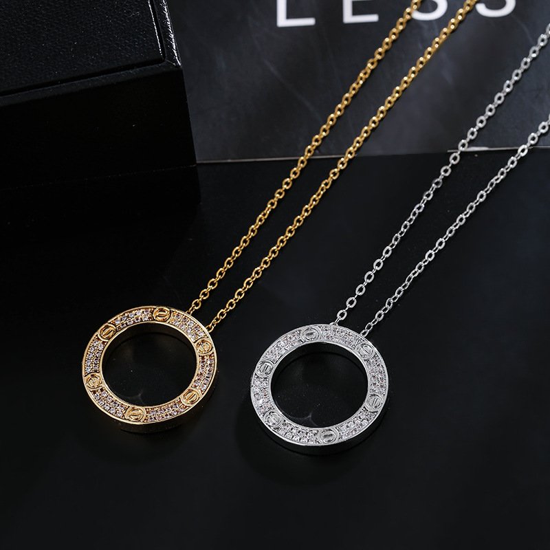 Crystal Zircon Hollow Round Fashion Pendant Chain Collar Necklace For Women Jewelry Wedding Party Gift