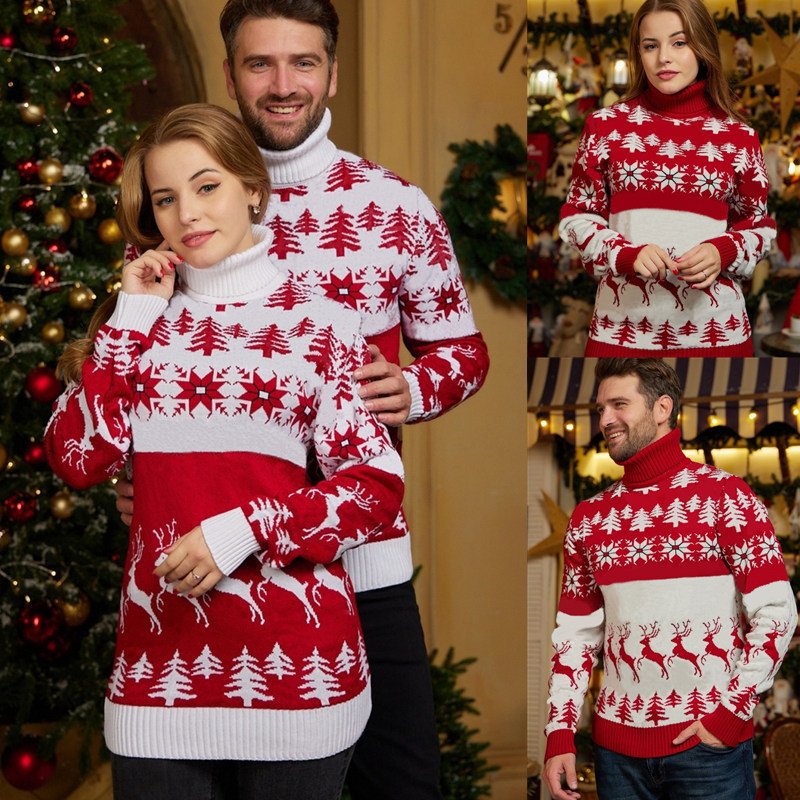 Women's Turtleneck Christmas Themed Jacquard Matching Sweater Top