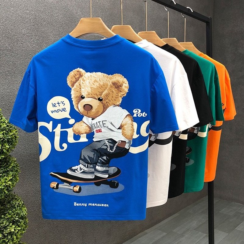 Cartoon Bear Printed Short-sleeved T-shirt Men's Summer New Cyber Popular Same Style Fashionable Brand All-match Casual Youth Base Shirt