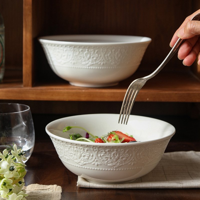 Embossed Ceramic Serving Bowl – Premium Nordic-Style Soup & Salad Dish, Versatile Pasta/Noodle Bowl With Flared Rim