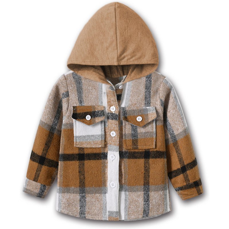 Spring Children's Top Neutral Hooded Long-sleeved Woolen Plaid Shirt Coat Big Child Style