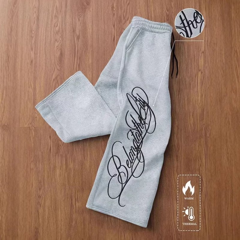 âStreetwear Drawstring Pants For Men â Oversized Letter Print, Polyester Casual Joggers (S-3XL, Grey/Black)â