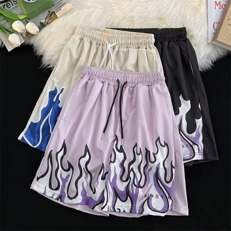 men's oldschool flame casual shorts for men and women summer fashion brand high street niche loose sports five-point pants