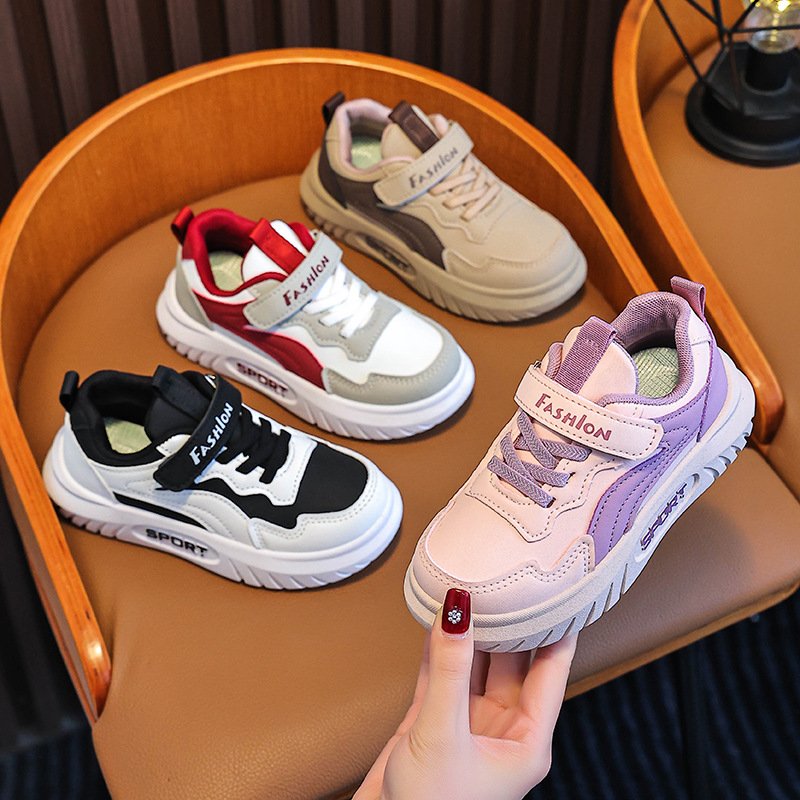 Kids' Casual Sneakers – Lightweight Canvas & PU Leather Shoes (Anti-Slip Rubber Sole, Hook & Loop Strap, Sizes 26-37)