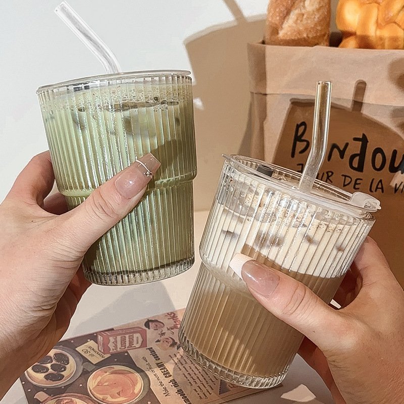 High-Value Vertical Striped Glass Coffee Iced Americano Household Lid Straw Water Latte Cold Drink Cup