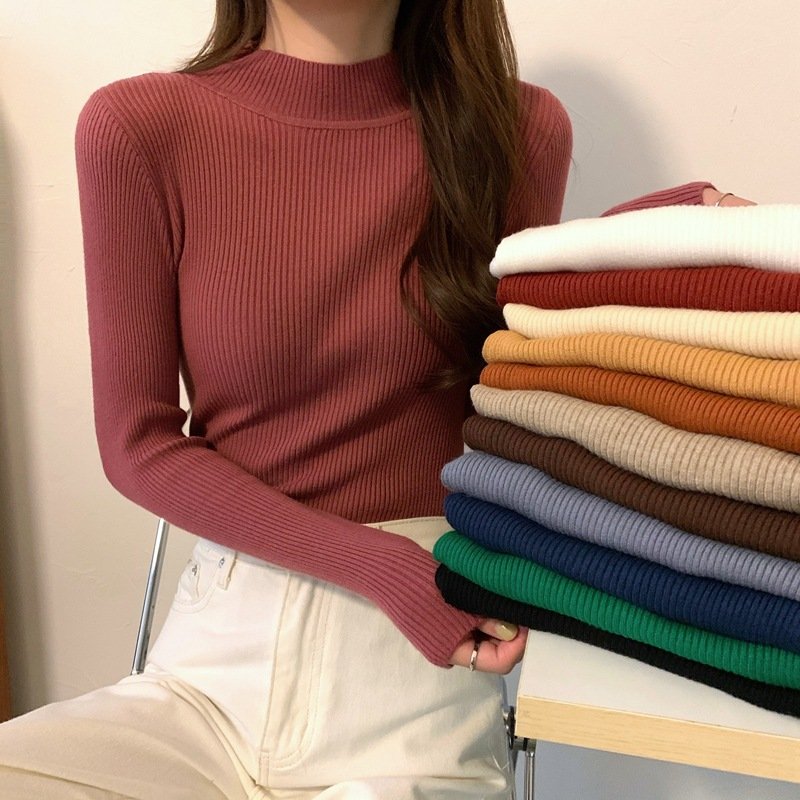 Women's Semi-Turtleneck Knit Sweater Slim Fit Long Sleeve Stretchable Basic Top For Fall Winter Layering
