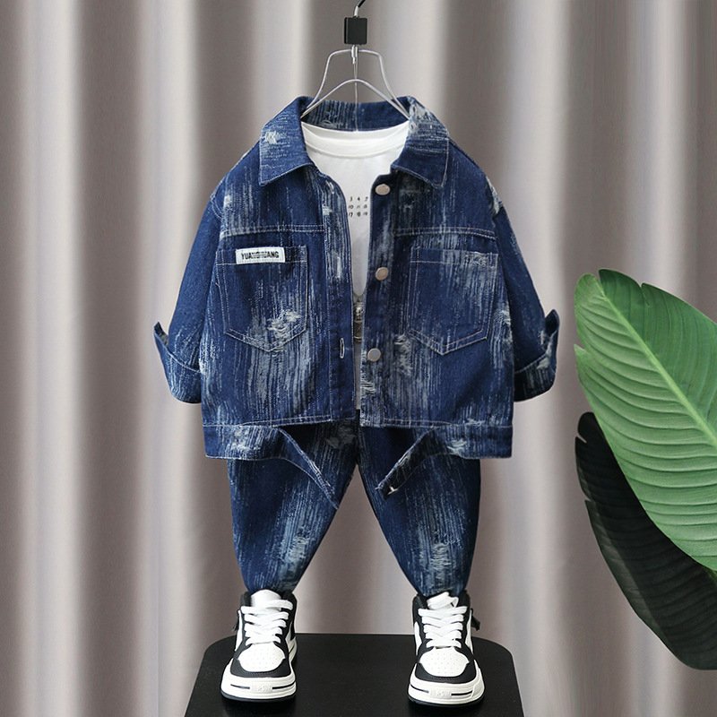 Kid's Clothing Boys Denim Suit 2024 Autumn New Children's Clothing Handsome Boys Spring and Autumn Clothing Two piece Suit Trendy