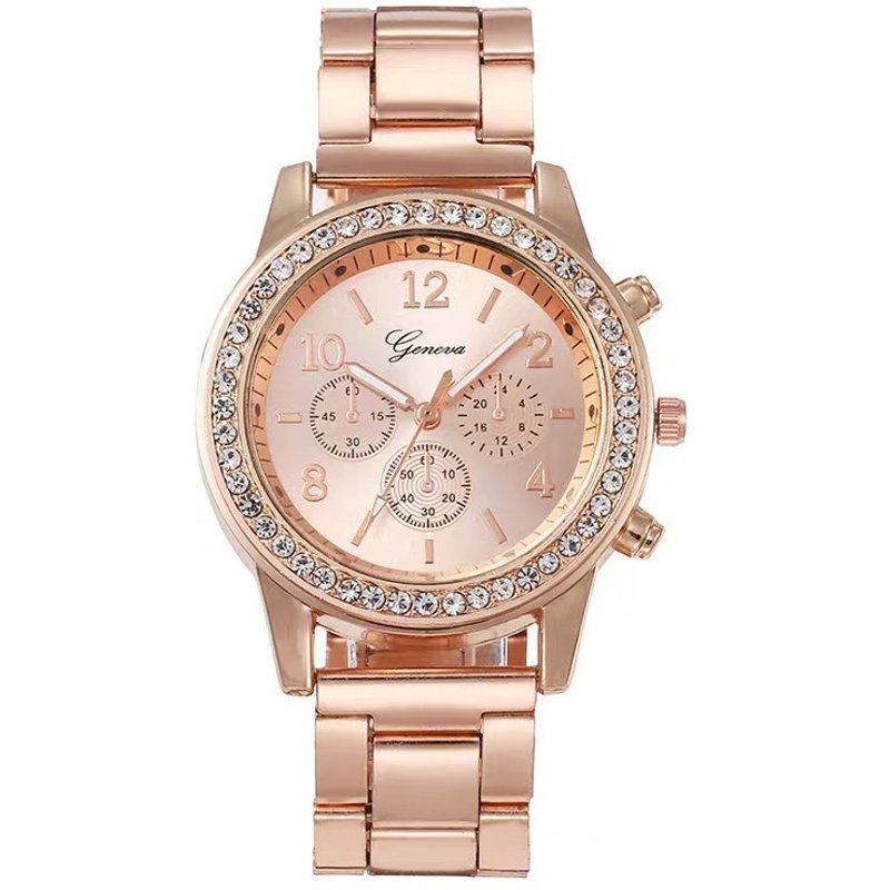 Women's Watch Gold Diamond Three-eye Quartz Watch Steel Belt Business Casual Simple Fashion Watch