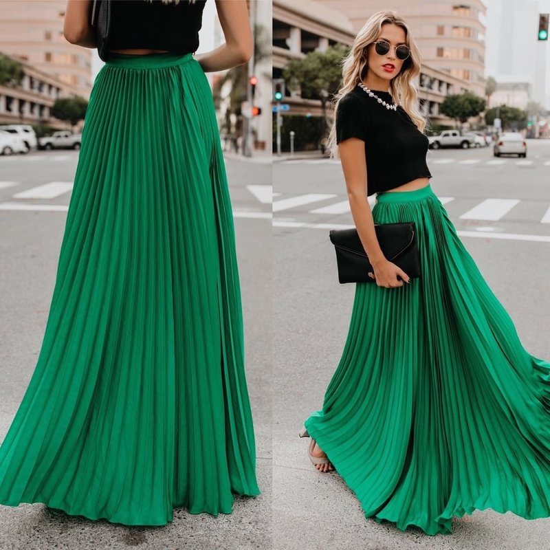 New European and American style large size mid-high waist pleated skirt women's long skirt