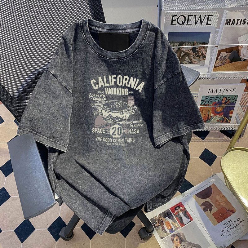 Women's design pure cotton distressed short-sleeved T-shirt female summer loose fat mm 200 catties tops