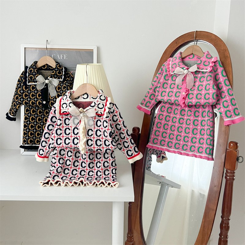 2024 Autumn And Winter New Children's Sweater Suit Girls Knitted Cardigan Two Piece Suit Small Foreign Trade Dress