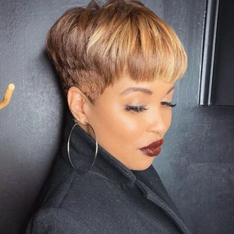 Short Straight Human Hair Wig Pixie Cut Remy Hair Human Hair Wigs With Bangs Wig