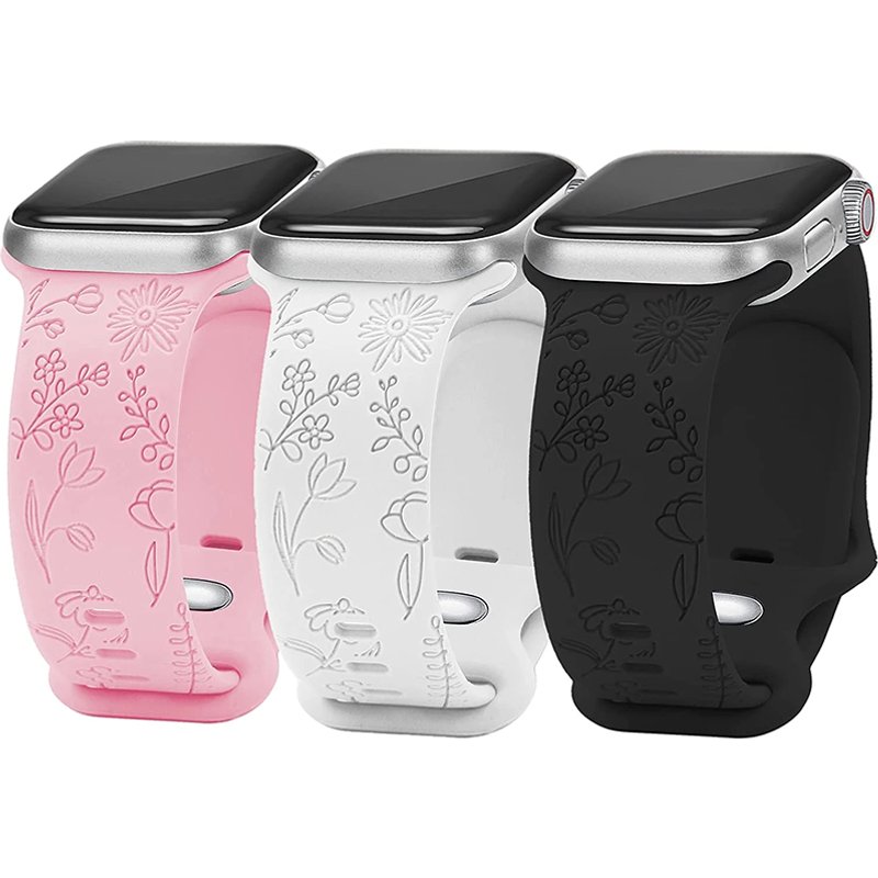 Flower Engraved Bands for Apple Watch Band 38mm 40mm 41mm, New Fashion Sport Strap Replacement Wristbands for iWatch Series