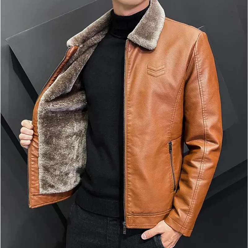 Winter Fashion Warmth Thickened Leather Jacket Lapel Solid Zipper Design Plus Size Men's Leather Jacket Bomber Fleece Coat