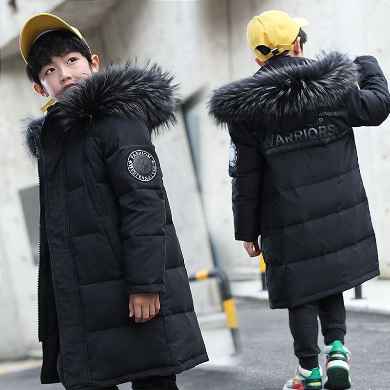 Winter New Style Boys Cotton Coat Korean Version Of Large Children's Children's Letter Mid Length Down Cotton Thick Warm Cotton Coat Trend