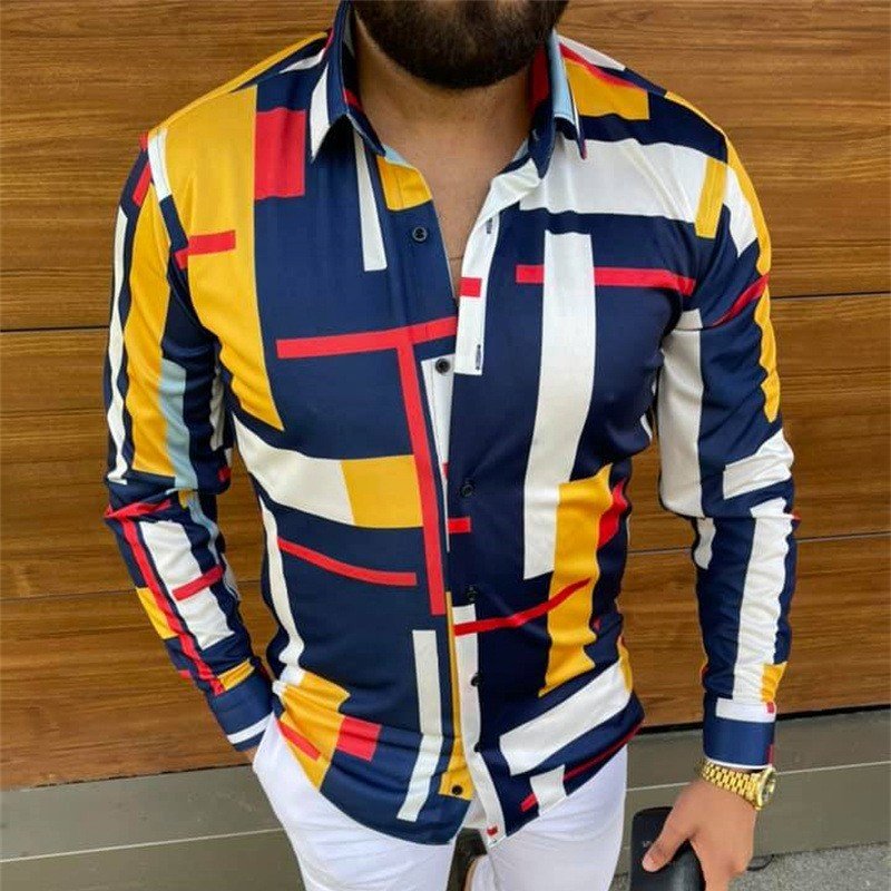 Menswear Long-sleeved Shirt Printed Plus Size Mens Blouse Casual Shirt Cardigan