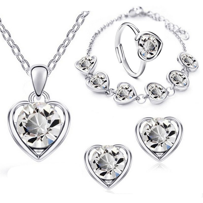 Crystal heart shaped jewelry set for women personality temperament heart necklace earrings ring bracelet four piece set