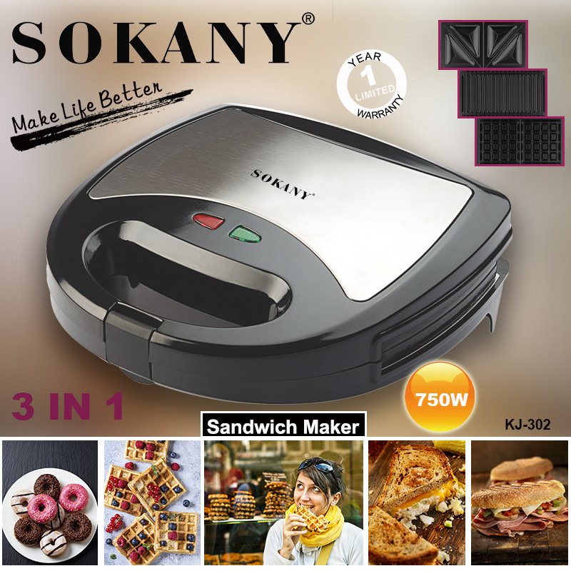 3 in 1 European Standard Household Sandwich Maker Toaster Stainless Steel Multifunctional Breakfast Maker