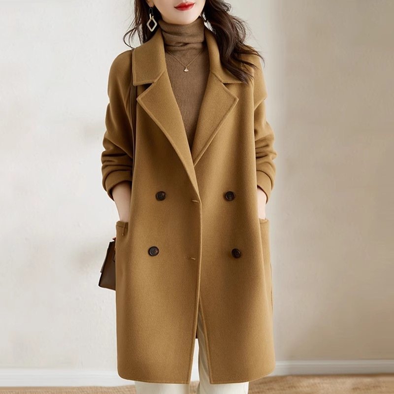 Women's Clothing Elegant Double-Faced Wool Coat For Women - Audrey Hepburn Style Oversized Trench Coat In Camel, Classic Fit, Warm Winter Outerwear