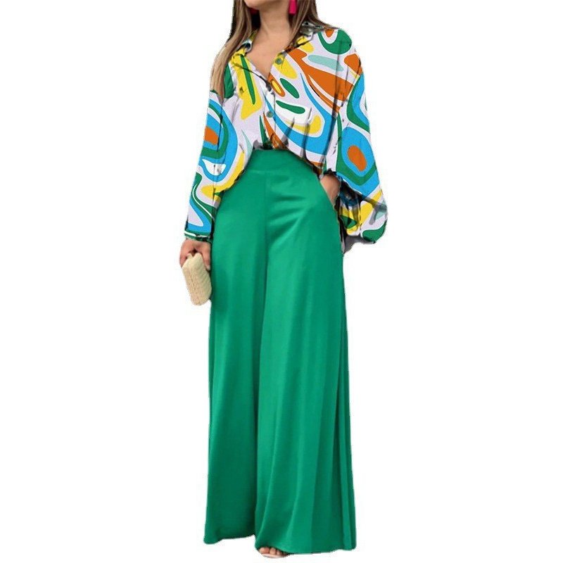 Women's Two-piece Set Loose Lantern Sleeve Lapel Shirt Wide Leg Pants