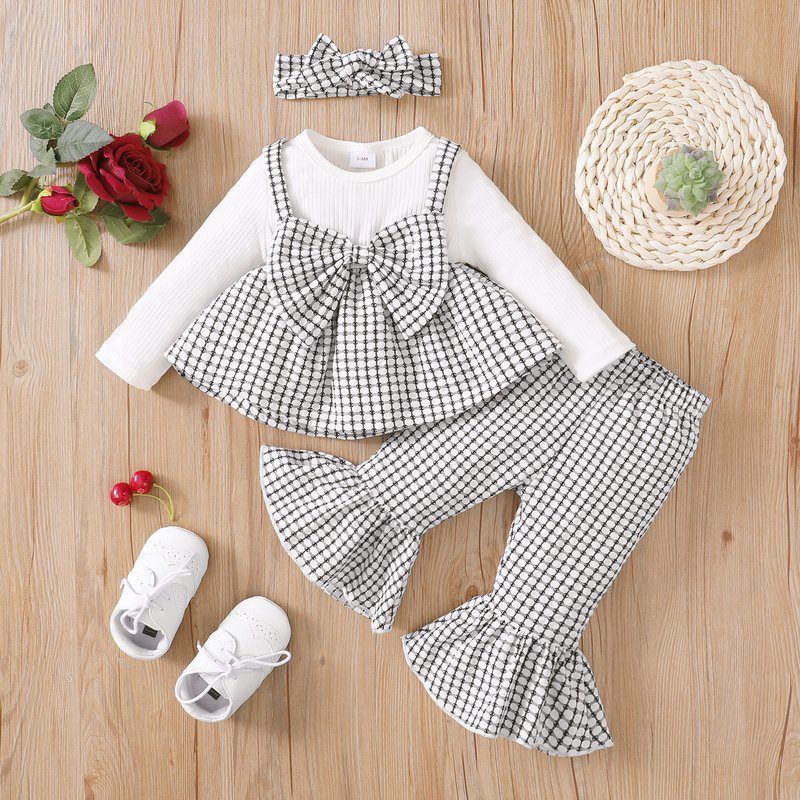 ​​"Elegant Checkered Bow Baby Girl Outfit Set - Long Sleeve Top & Pants, Soft Polyester Blend, Princess Style (1-3 Years, 80-100cm)"​​