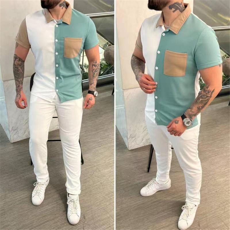 Men's Clothing Color Blocked Men's Shirts, Short Sleeved Trousers, Trendy Casual Sports Suits