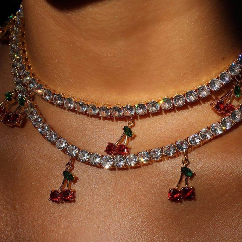 Fashion Diamond Red Cherry Necklace INS Blogger Same Style Flash Diamond Double-layer Necklace