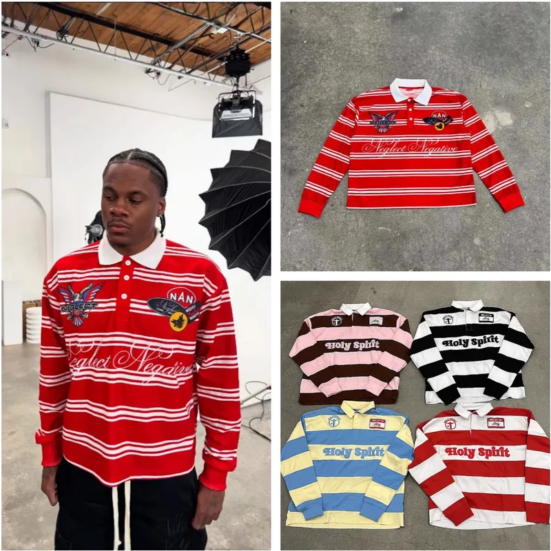 T Shirts Y2k American Retro Street Letter Embroidery Lapel T-shirt Hip-Hop Style Loose Casual Hoodie Spring Autumn Men's