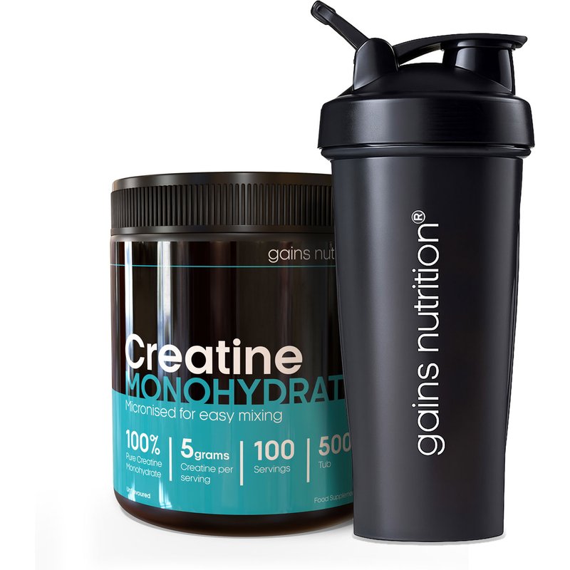 Creatine Monohydrate Powder Tub | 500g + 600ml Shaker Black