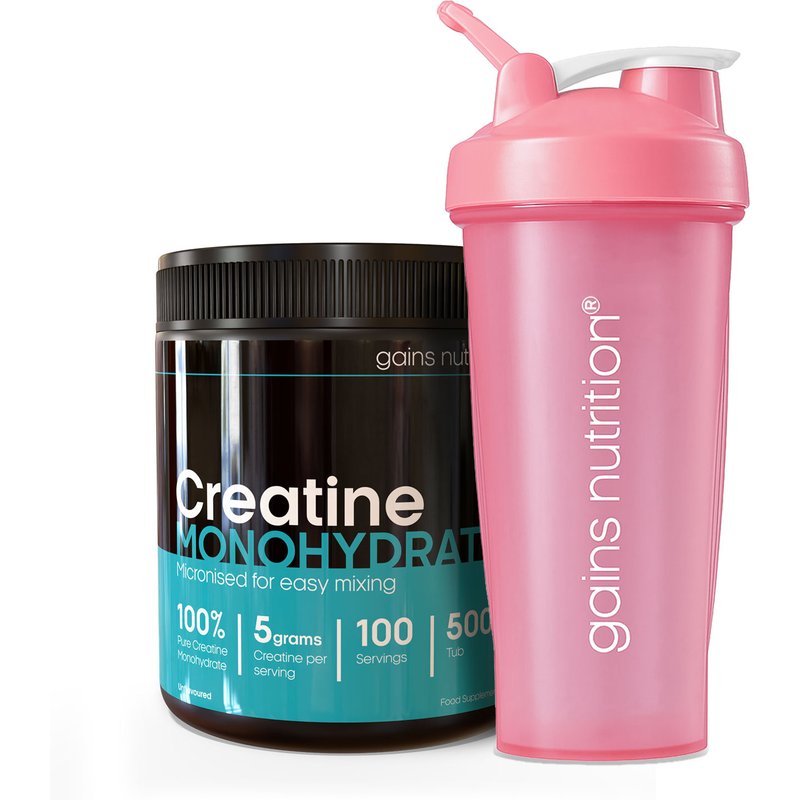Creatine Monohydrate Powder Tub | 500g + 600ml Shaker Pink