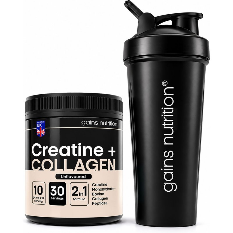 Creatine + Bovine Collagen Peptides Powder + 600ml Shaker Black