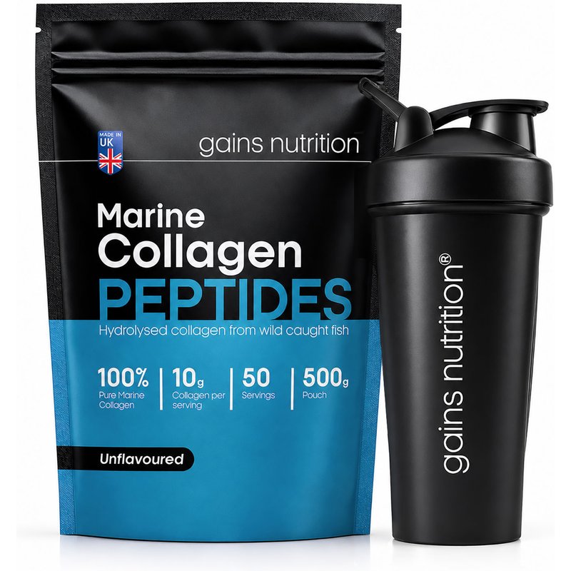 Marine Collagen Peptides Powder | 500g | Unflavoured + 600ml Shaker Black