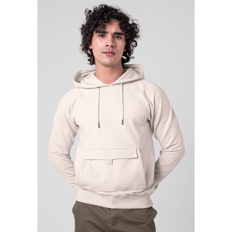 Enorsia Mens Cream Flap Detail Kangaroo Pocket Hoodie - UK XXL
