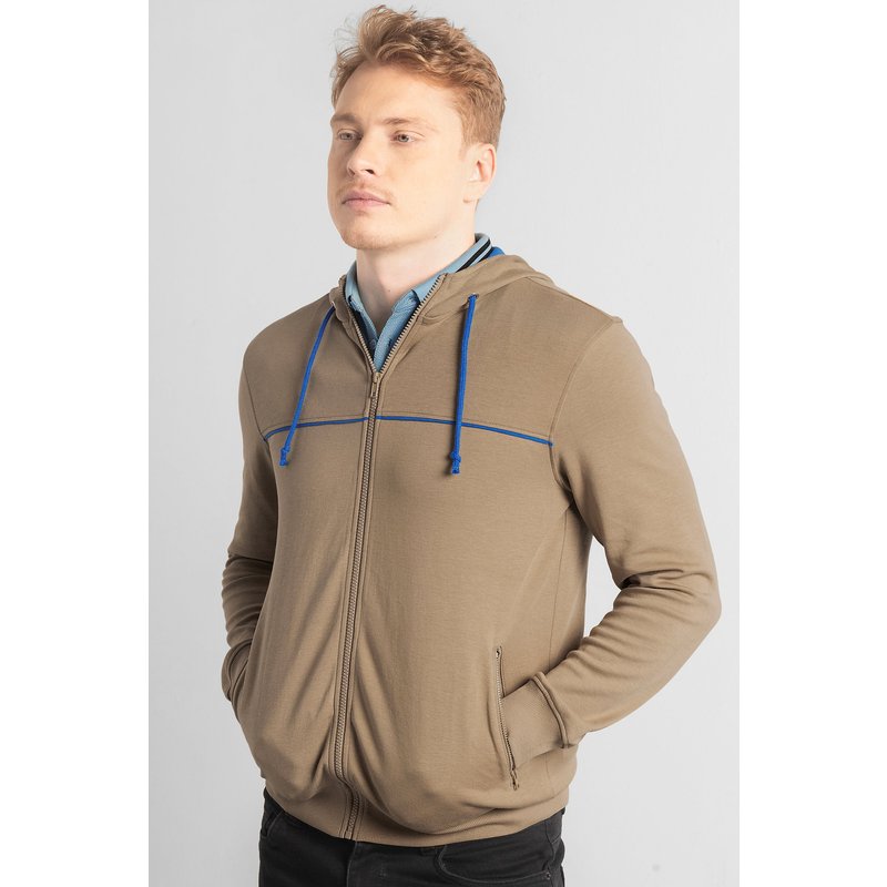 Enorsia Mens Khaki Heavy Jersey Zip Through Hoodie - UK M