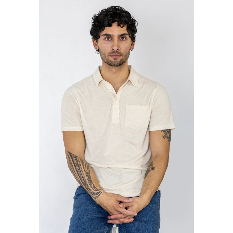 Enorsia Mens Off-white Linen Blended Solid Short Sleeve Polo Shirt's - UK M