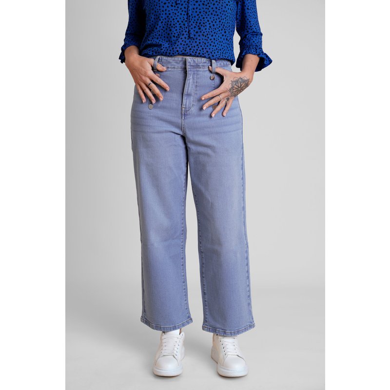 Enorsia Womens Sky Decorative Button Cropped Wide Leg Jeans - UK 8
