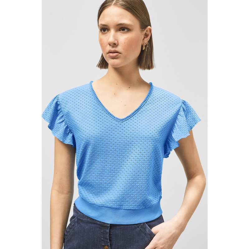 Enorsia Womens Blue Frill Sleeve T-Shirt - UK 12