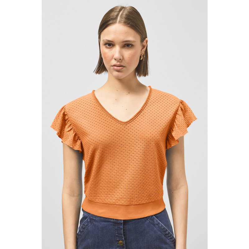 Enorsia Womens Orange Frill Sleeve T-Shirt - UK 12