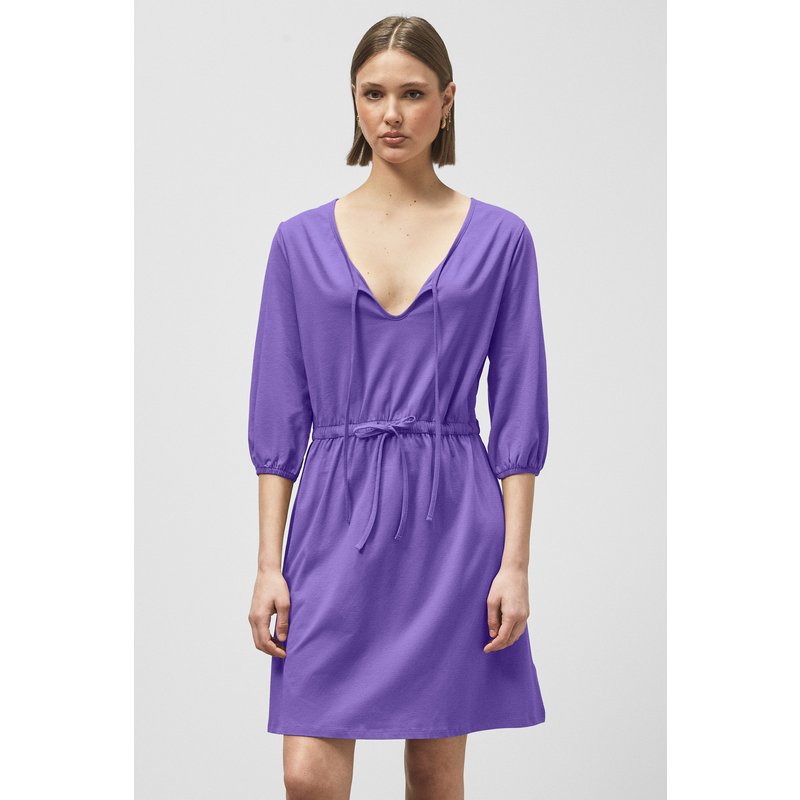 Enorsia Womens Purple Drawstring Waist V-Neck Jersey Mini Dress - UK 18