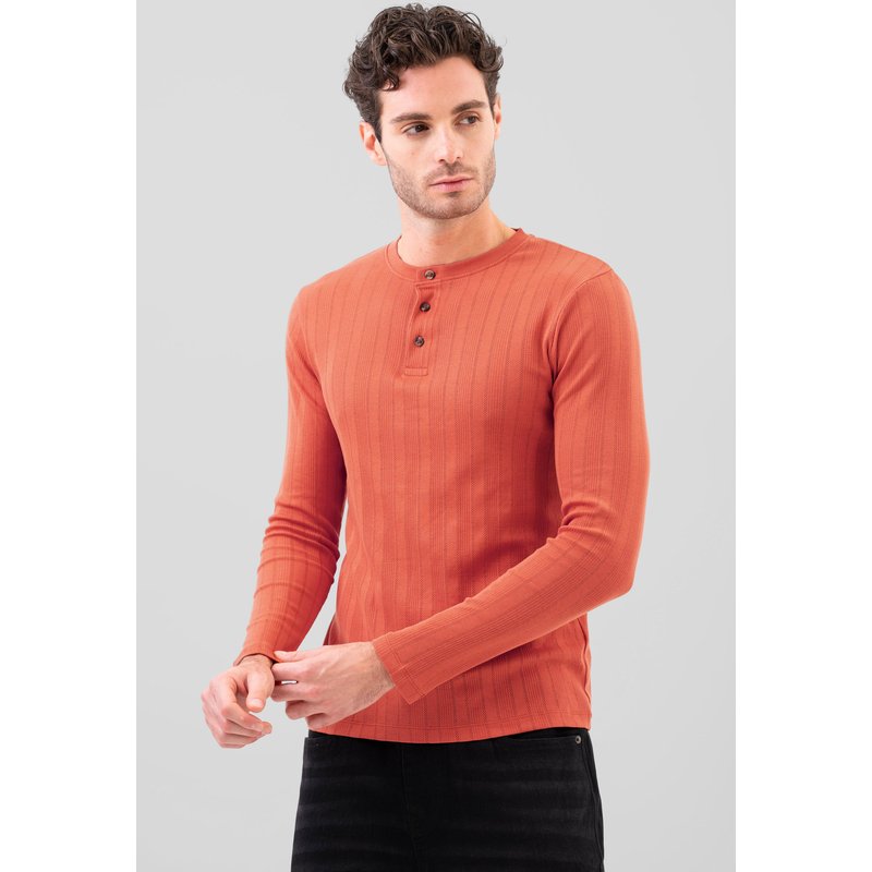 Enorsia Mens Orange Button Detail Half Placket Long Sleeve T-shirt - UK M