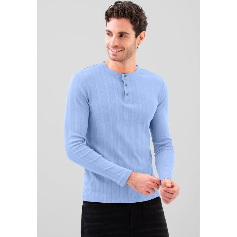 Enorsia Mens Blue Button Detail Half Placket Long Sleeve T-shirt - UK S