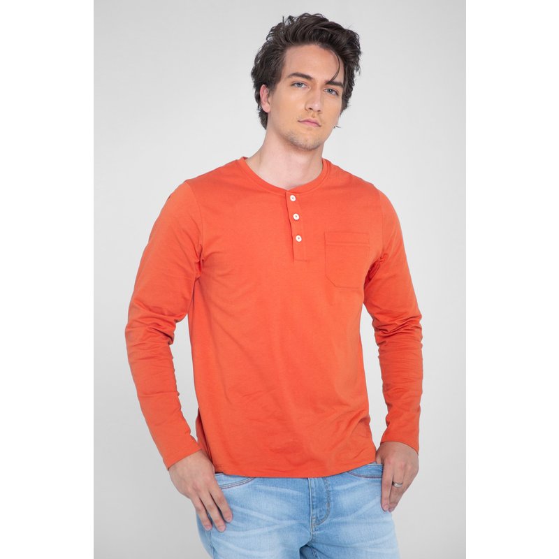 Enorsia Mens Orange Half Placket Long Sleeve T-Shirt - UK M