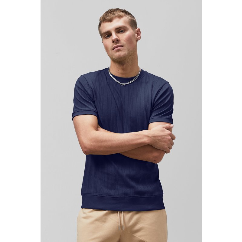 Enorsia Mens Navy Ribbed Short Sleeve T-Shirt - UK S